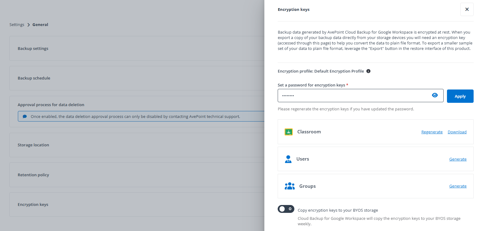 The Encryption keys panel.