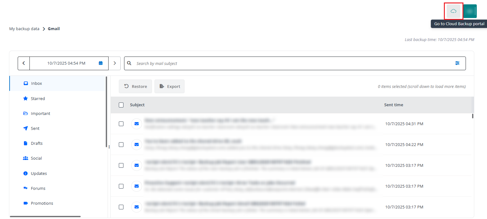 Clicking the button to go to the Cloud Backup portal.