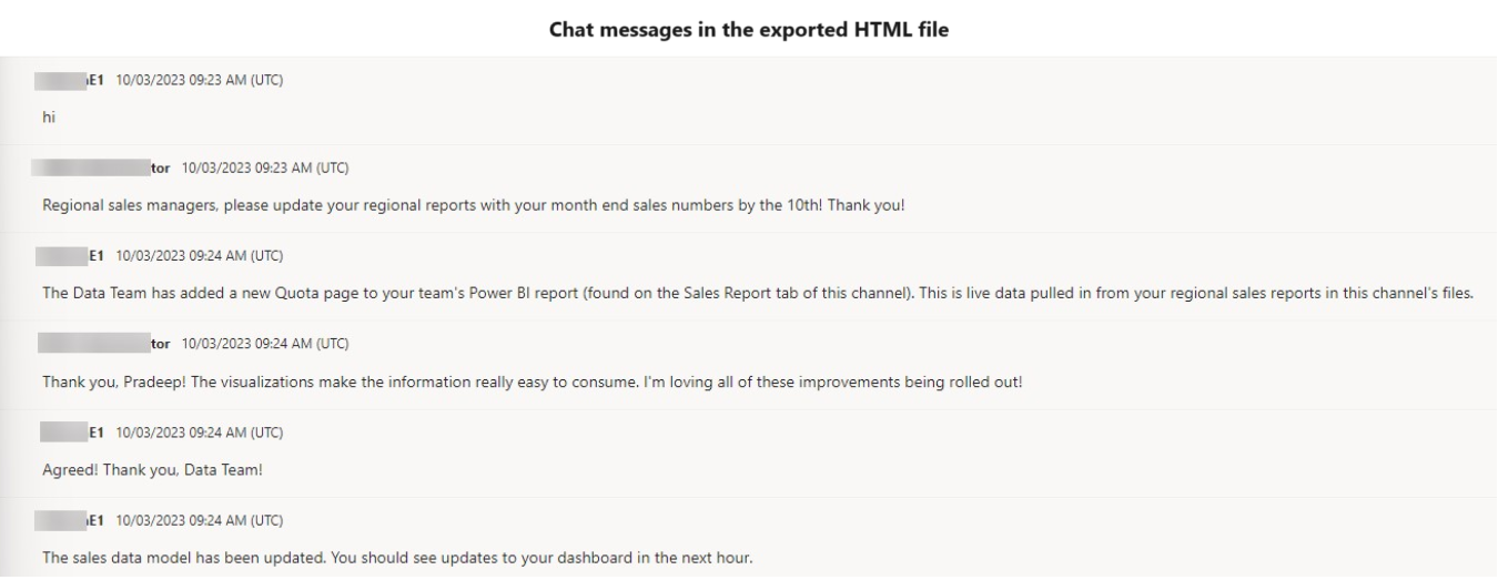 Chat messages in the exported HTML file.
