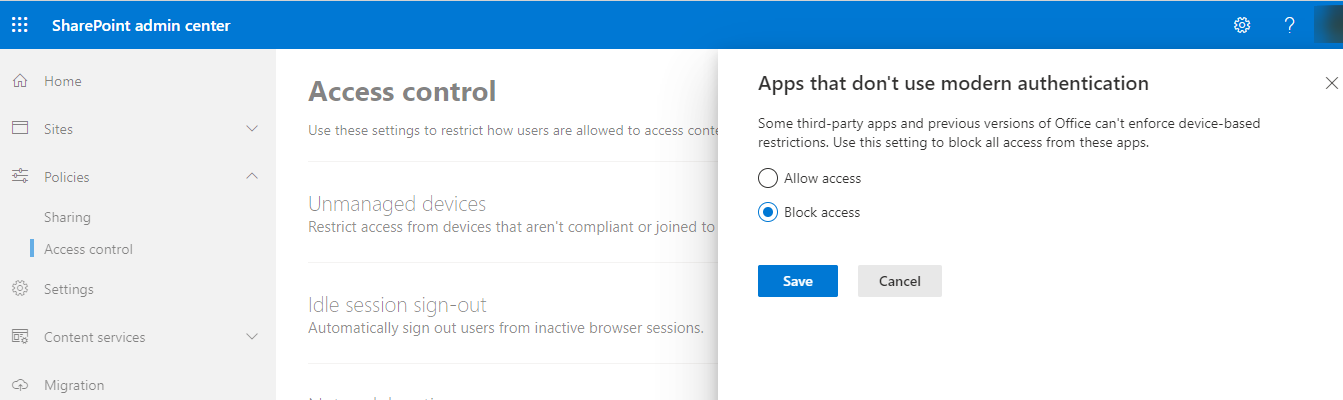 The Access control settings for the apps that don't use modern authentication.