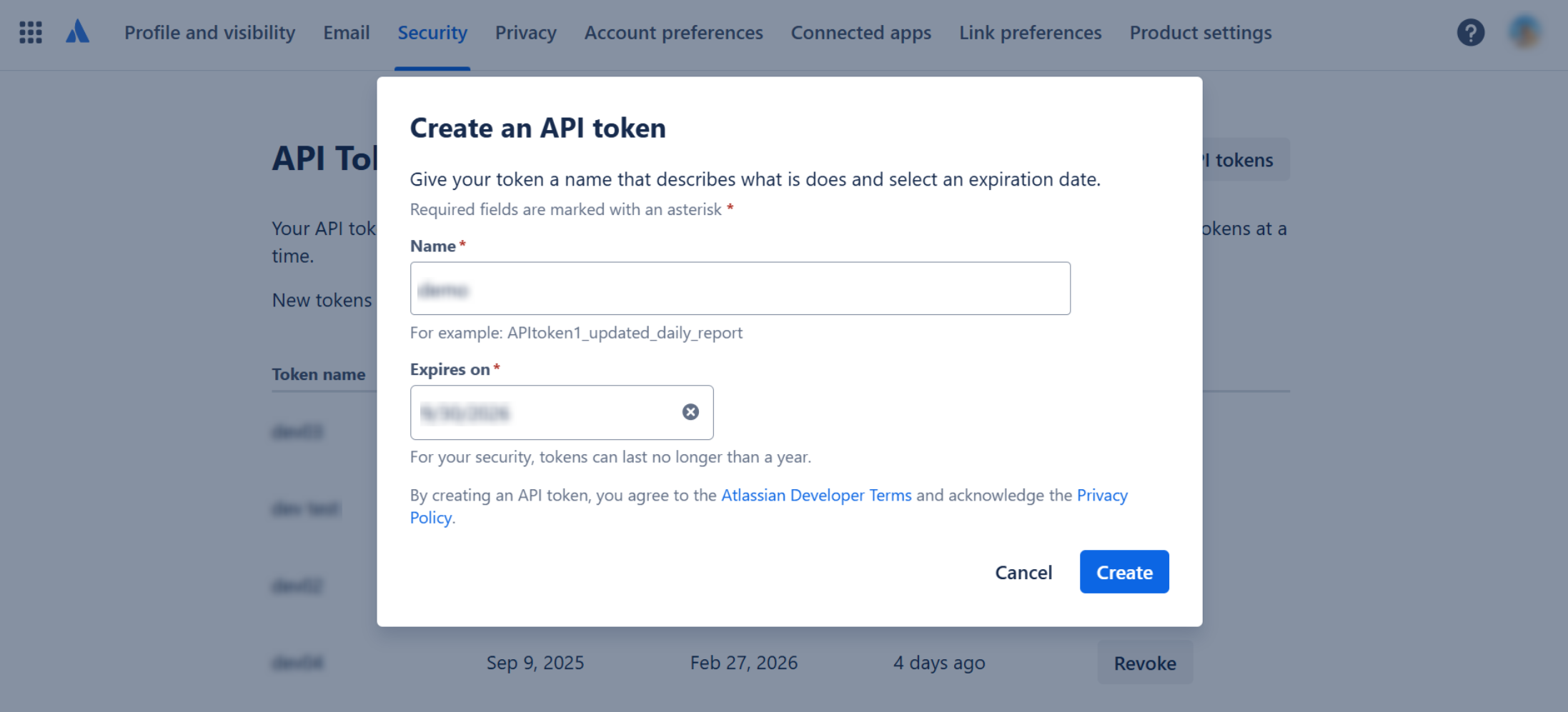 The Create an API token window.