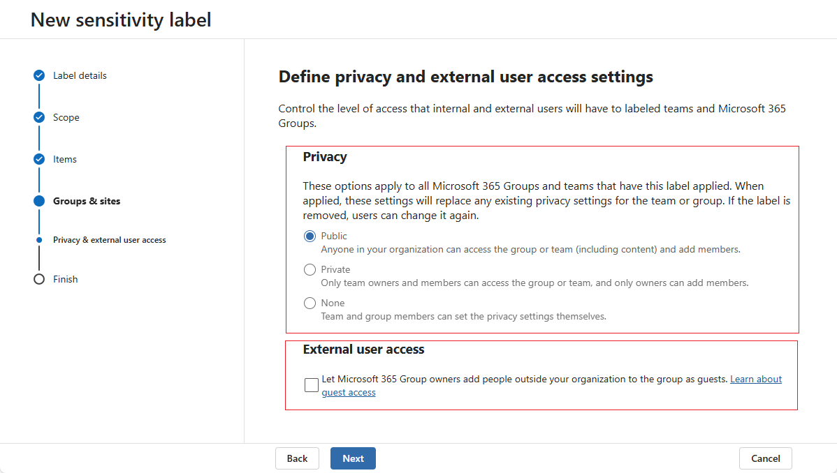 The privacy and external user access settings of sensitivity label.