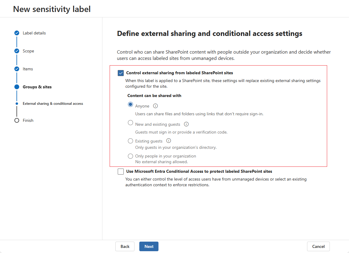 The external sharing and conditional access settings of sensitivity label.