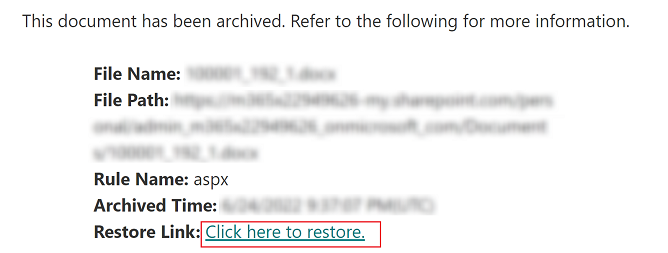 Clicking the restore link to open the page for restoring the file.