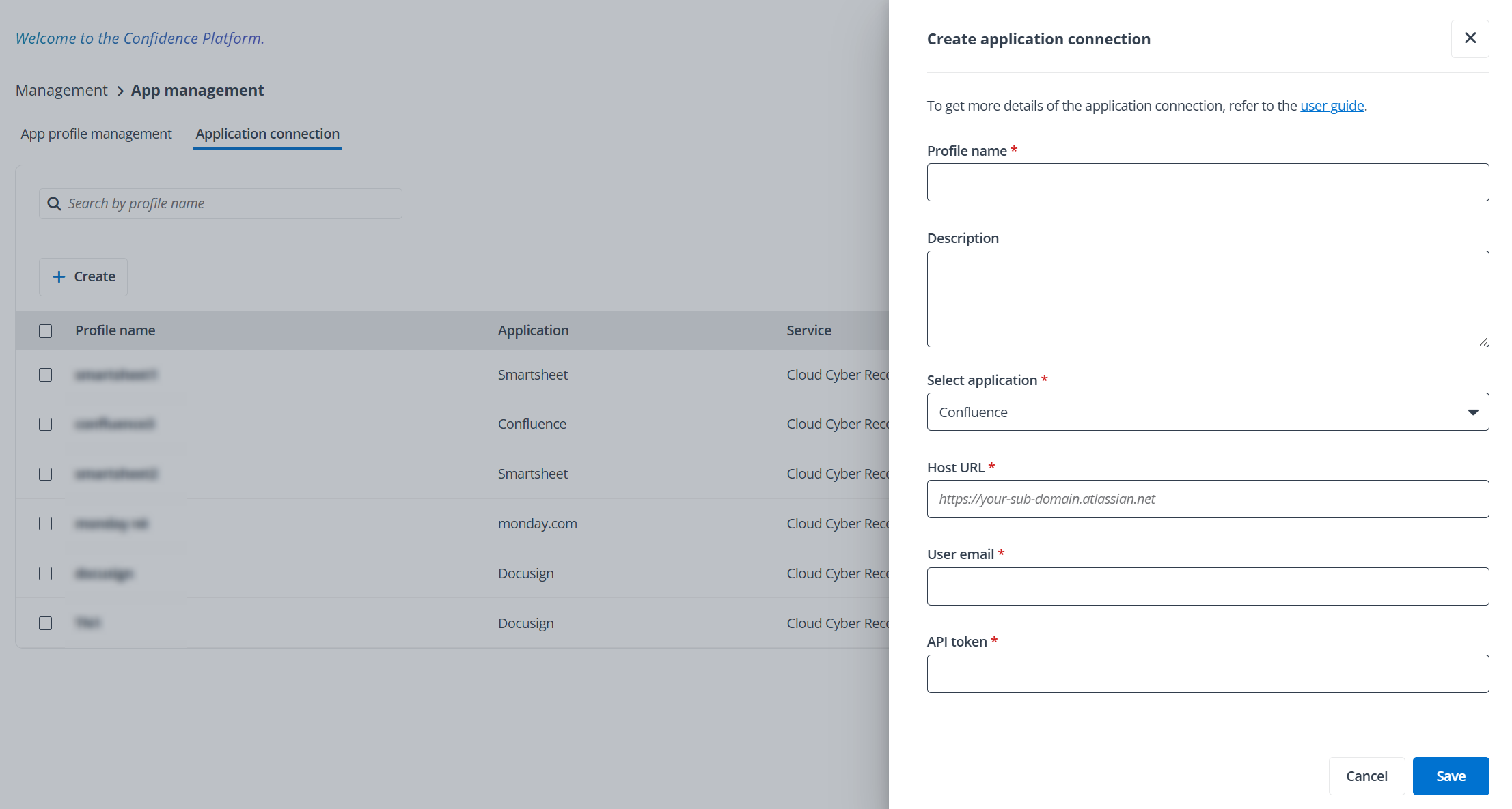 The Create application connection panel.