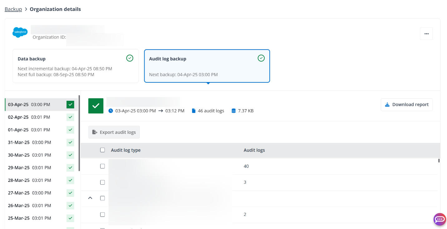 Audit log backup details.
