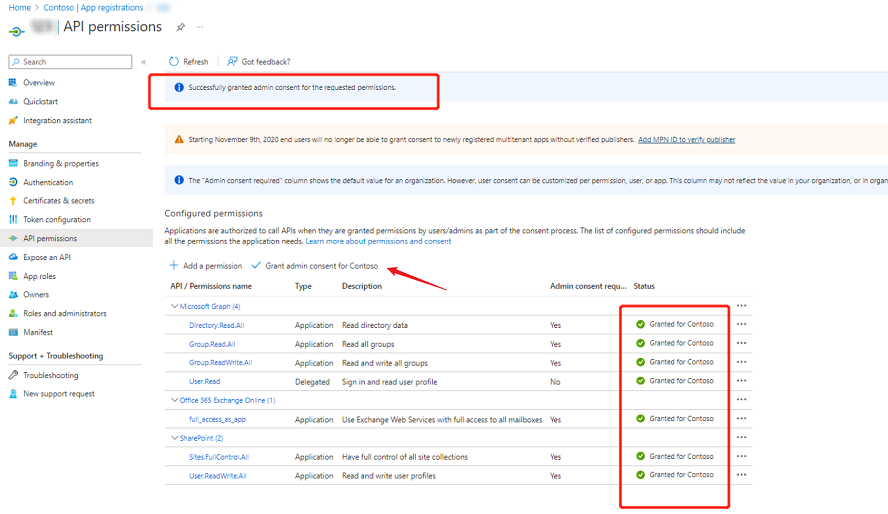 Granting admin consent for the requested permissions.