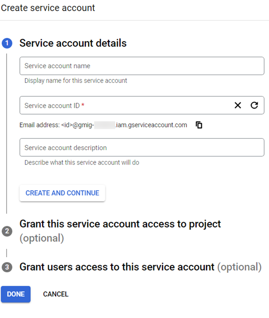 The CREATE SERVICE ACCOUNT page.