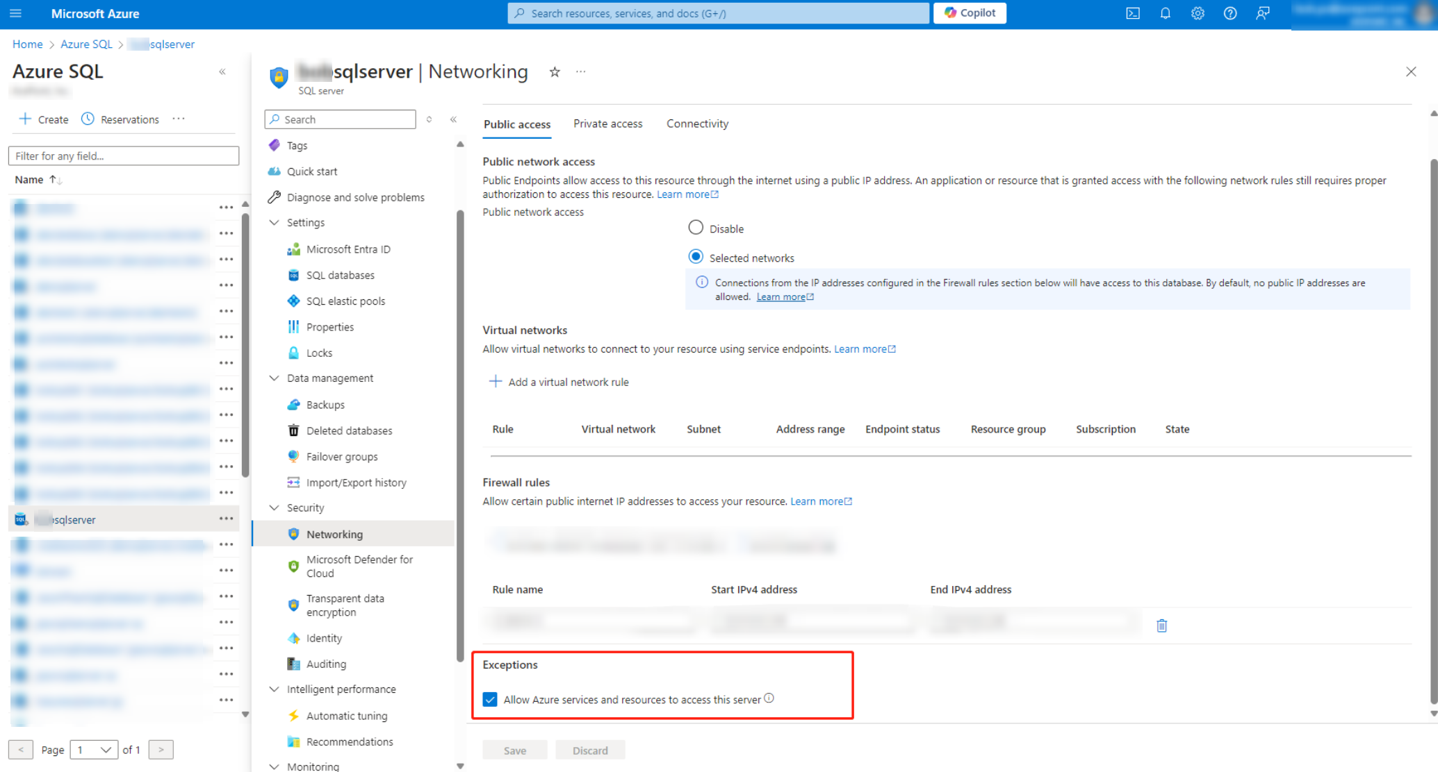 select the Allow Azure services and resources to access this server option.