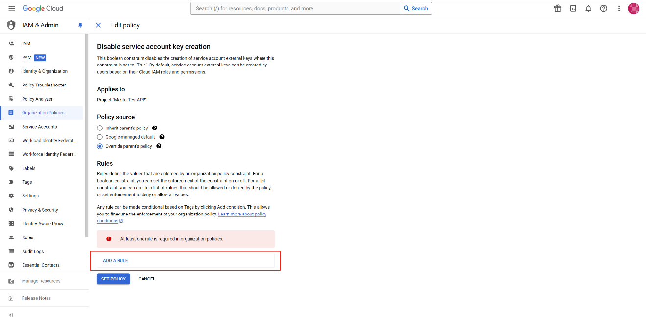 Clicking ADD A RULE.