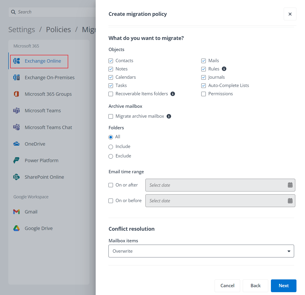 Exchange data that will be migrated.