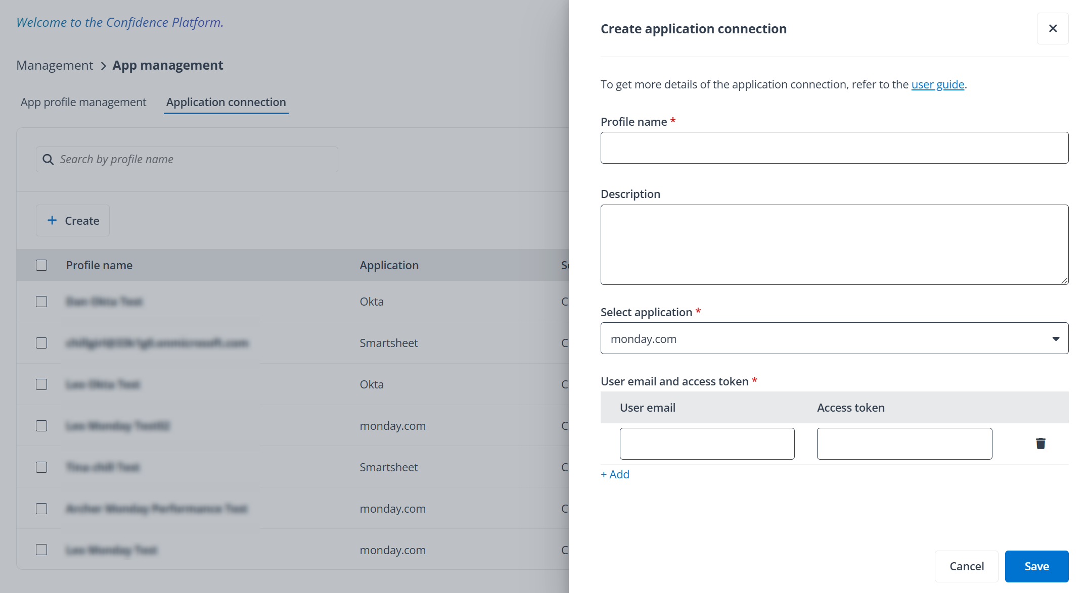 The Create application connection panel.