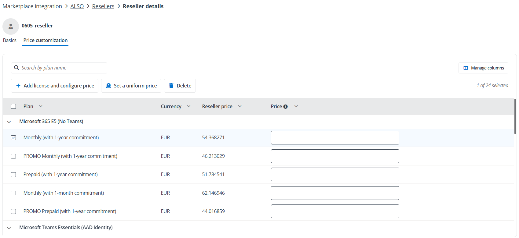 The Price customization tab.
