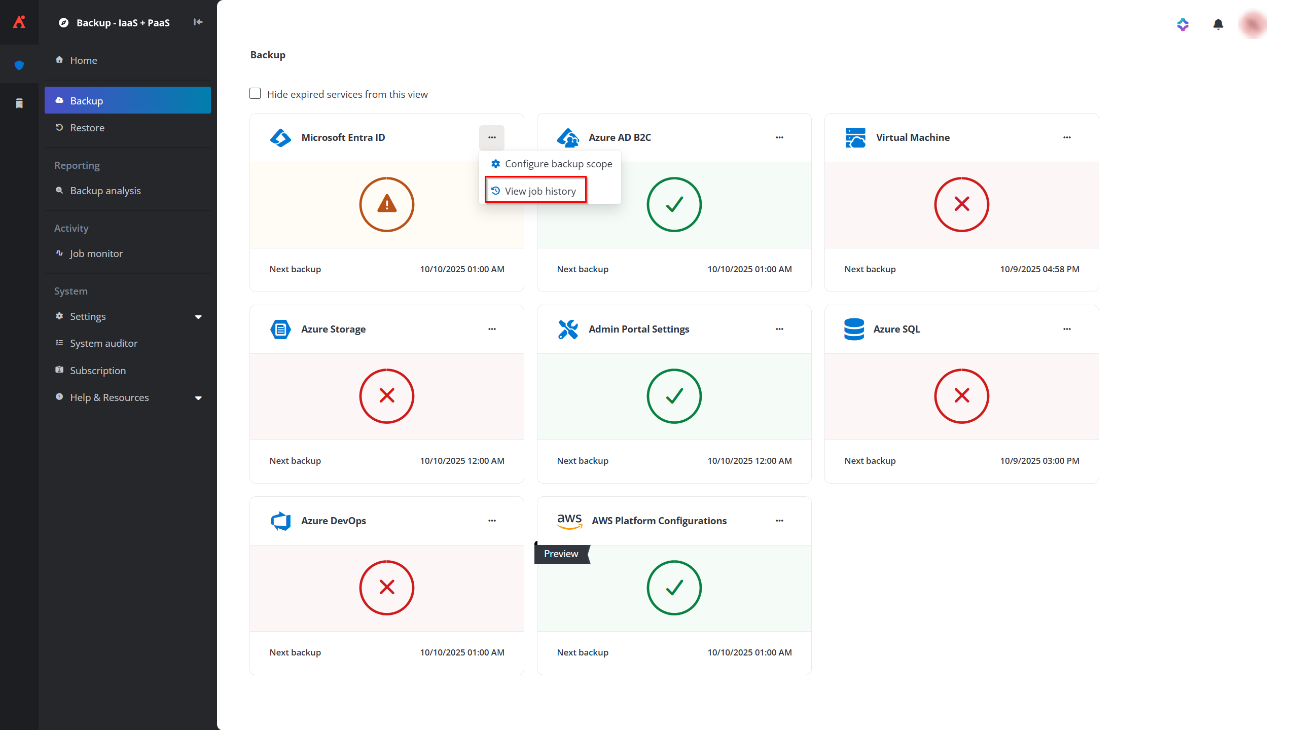 The View job history option.