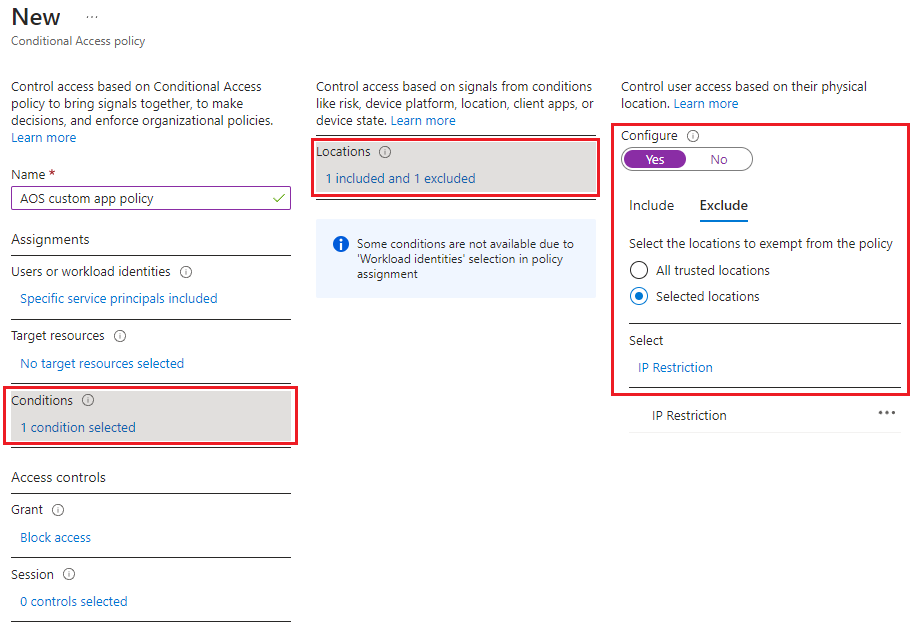 Configuring Conditions to add the created IP ranges location.