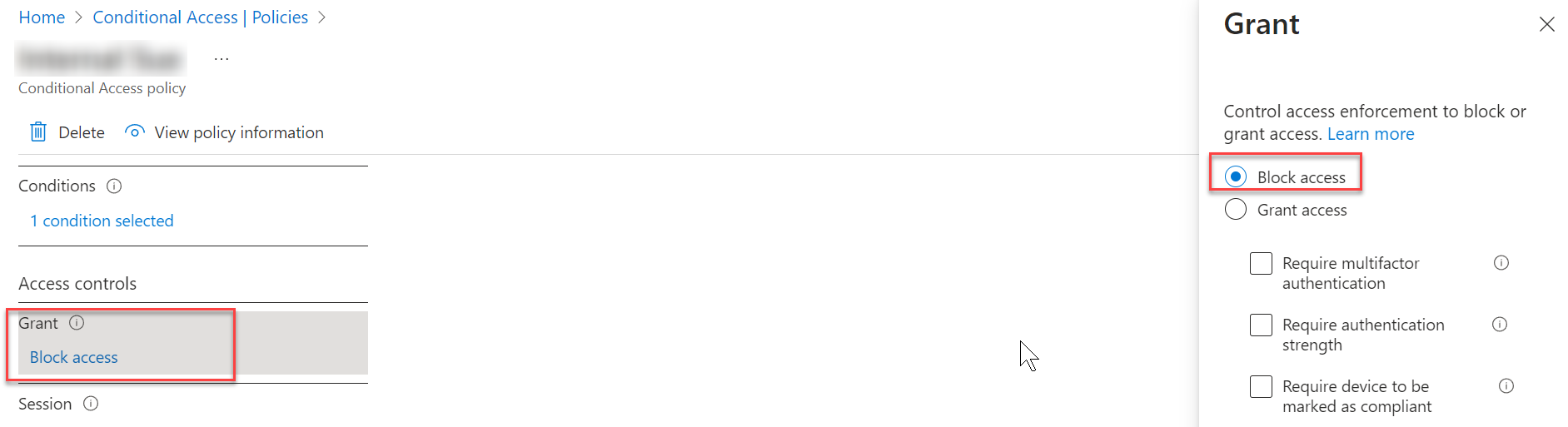 Setting Grant to Block access.