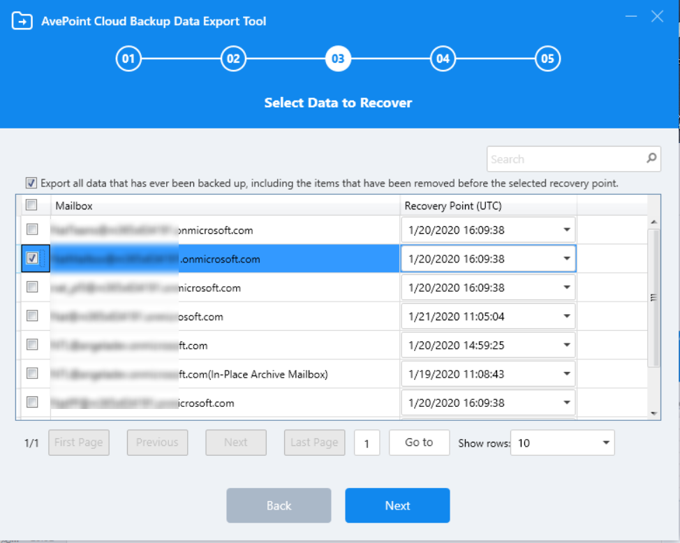 The Select Data to Recover step.