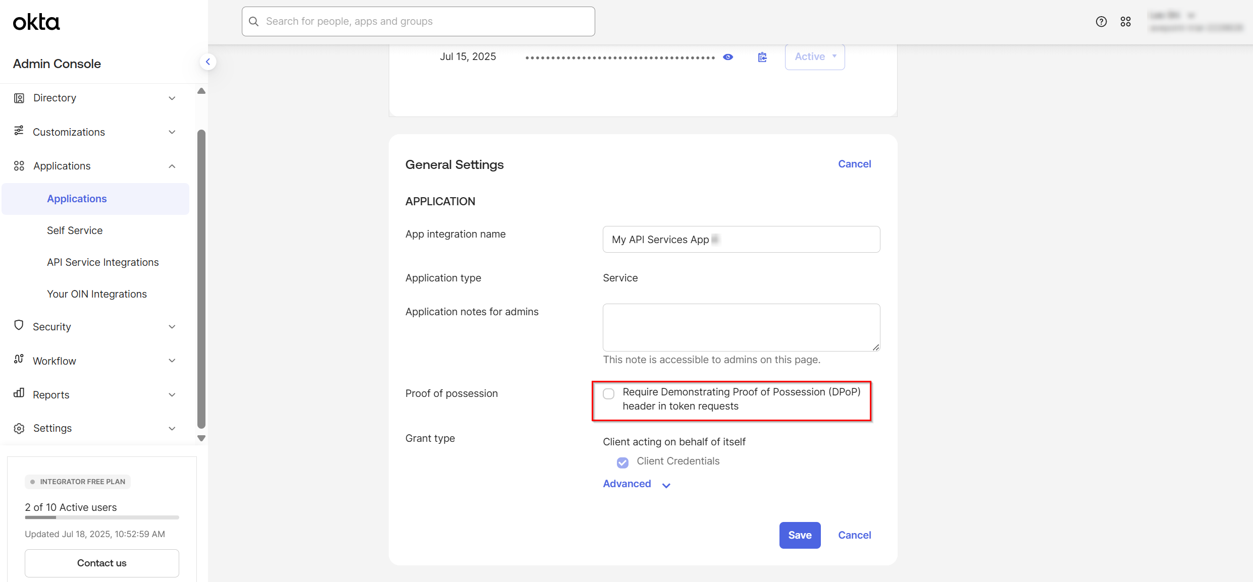 Deselect the Require Demonstrating Proof of Possession (DPoP) header in token requests option.