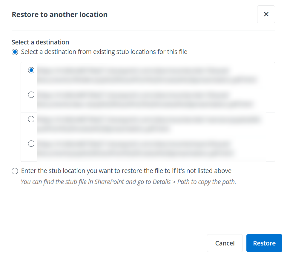 The Restore to another location panel.