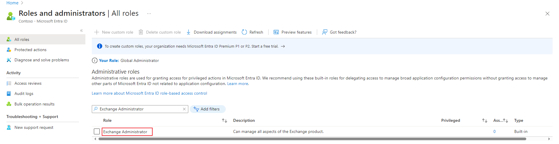 Clicking the Exchange Administrator role.
