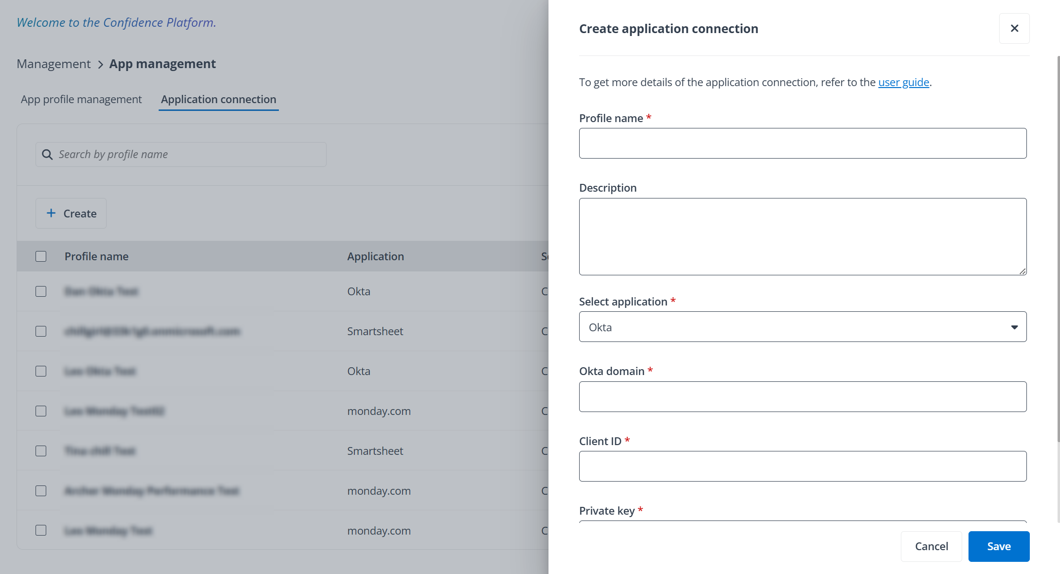 The Create application connection panel.