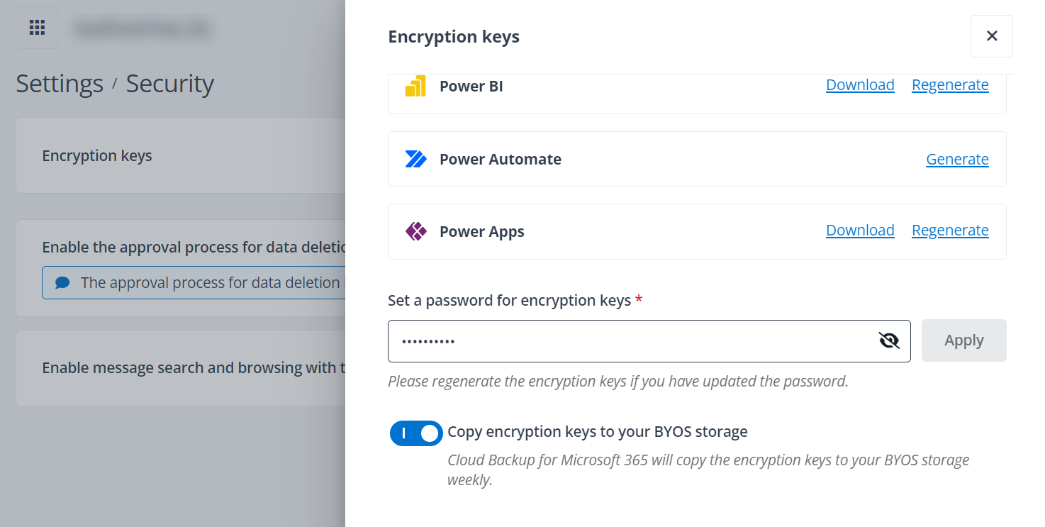 The Encryption keys page.