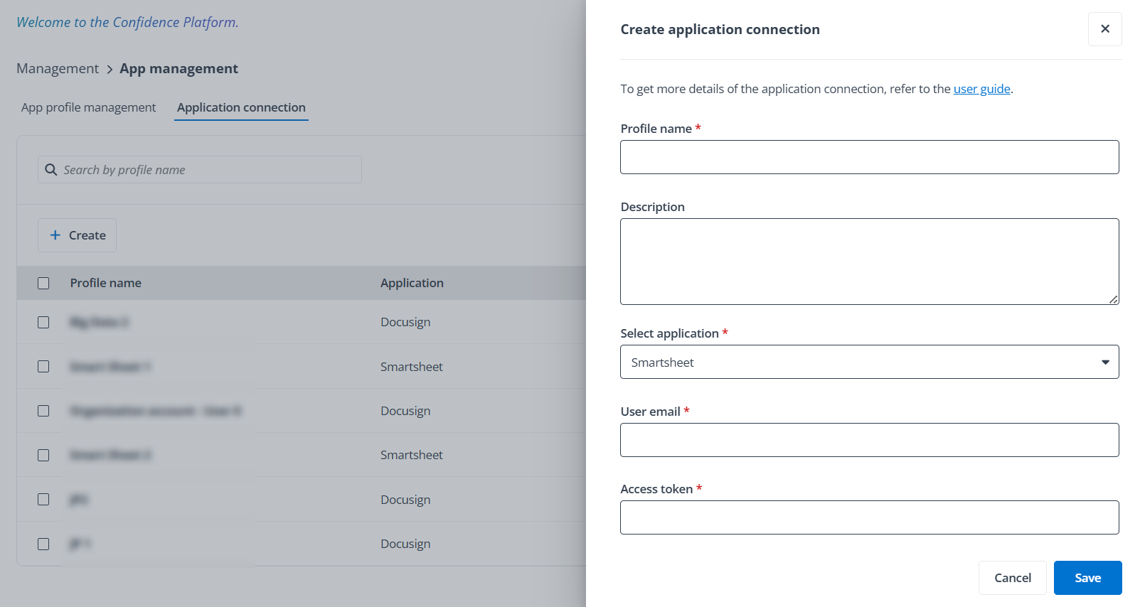 The Create application connection panel.