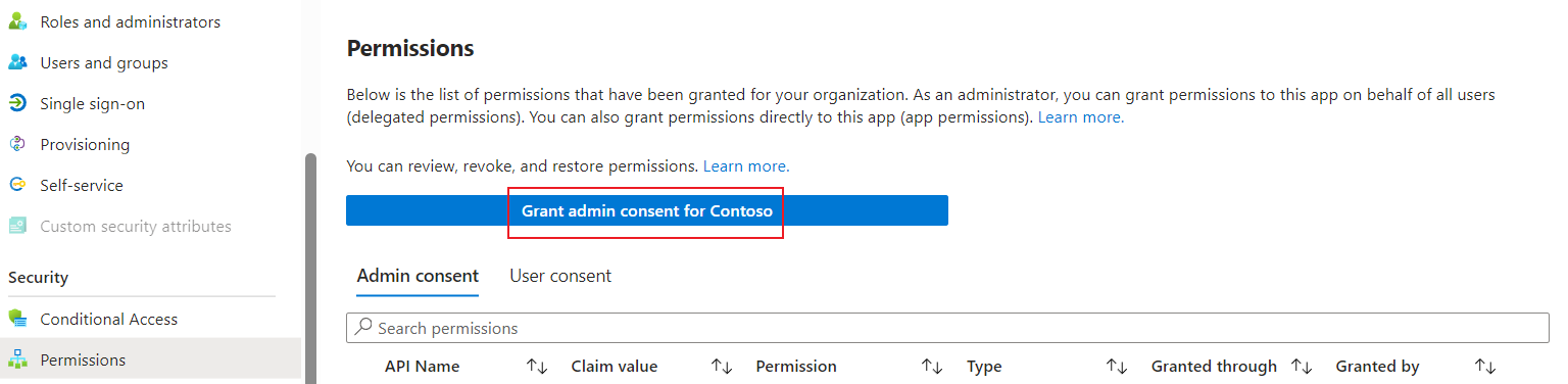 Granting admin consent to an app in Enterprise applications.