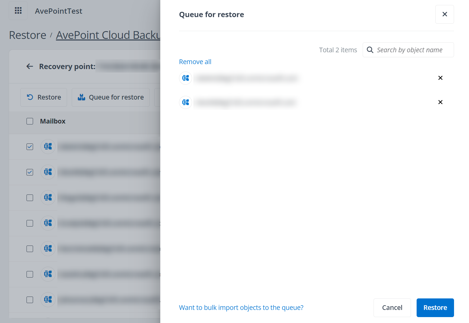 The Queue for restore panel.