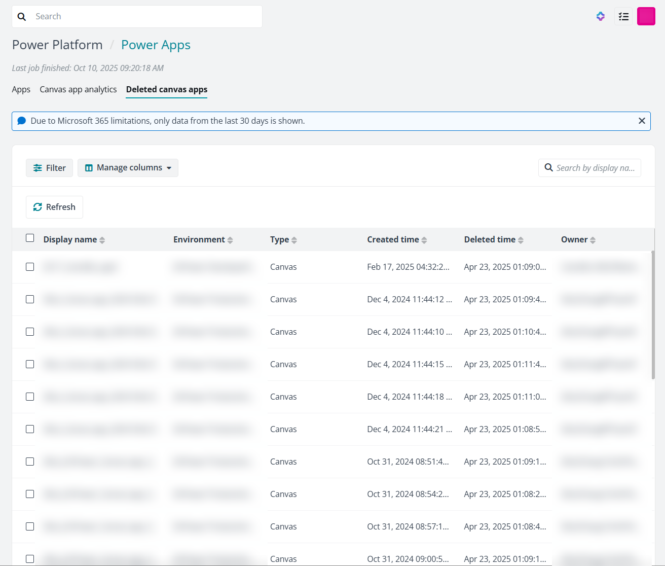 The Deleted canvas apps tab.