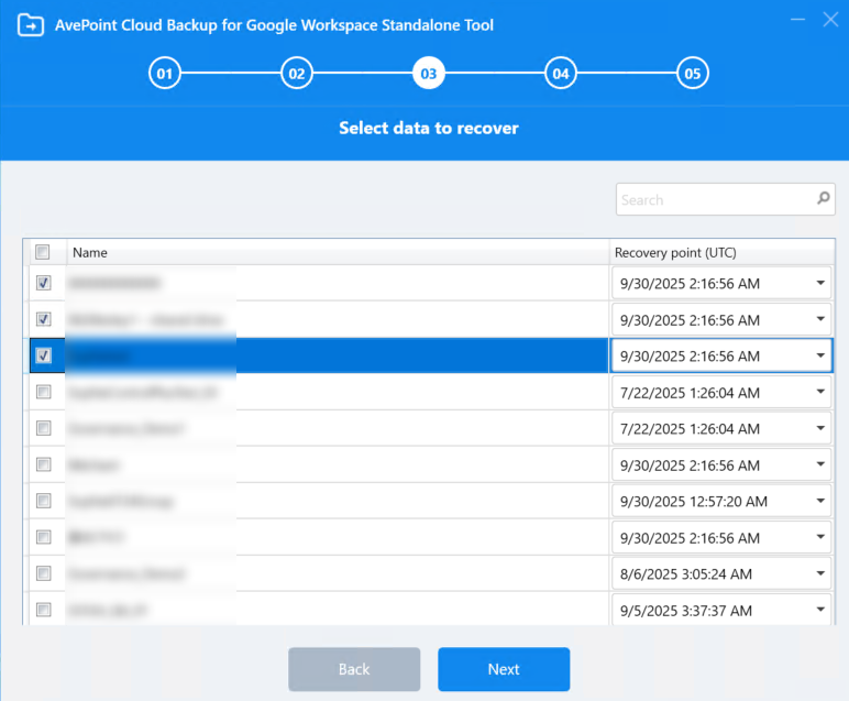 The Select Data to Recover step.