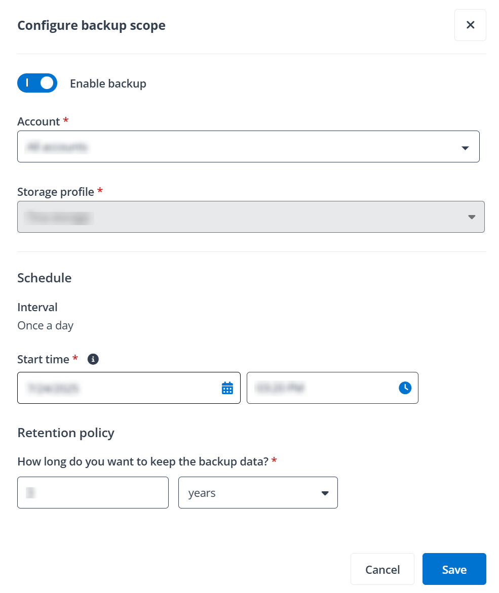 The Configure backup scope panel.
