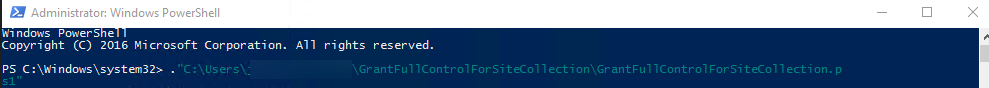 The full path of the GrantFullControlForSiteCollection.ps1 file.