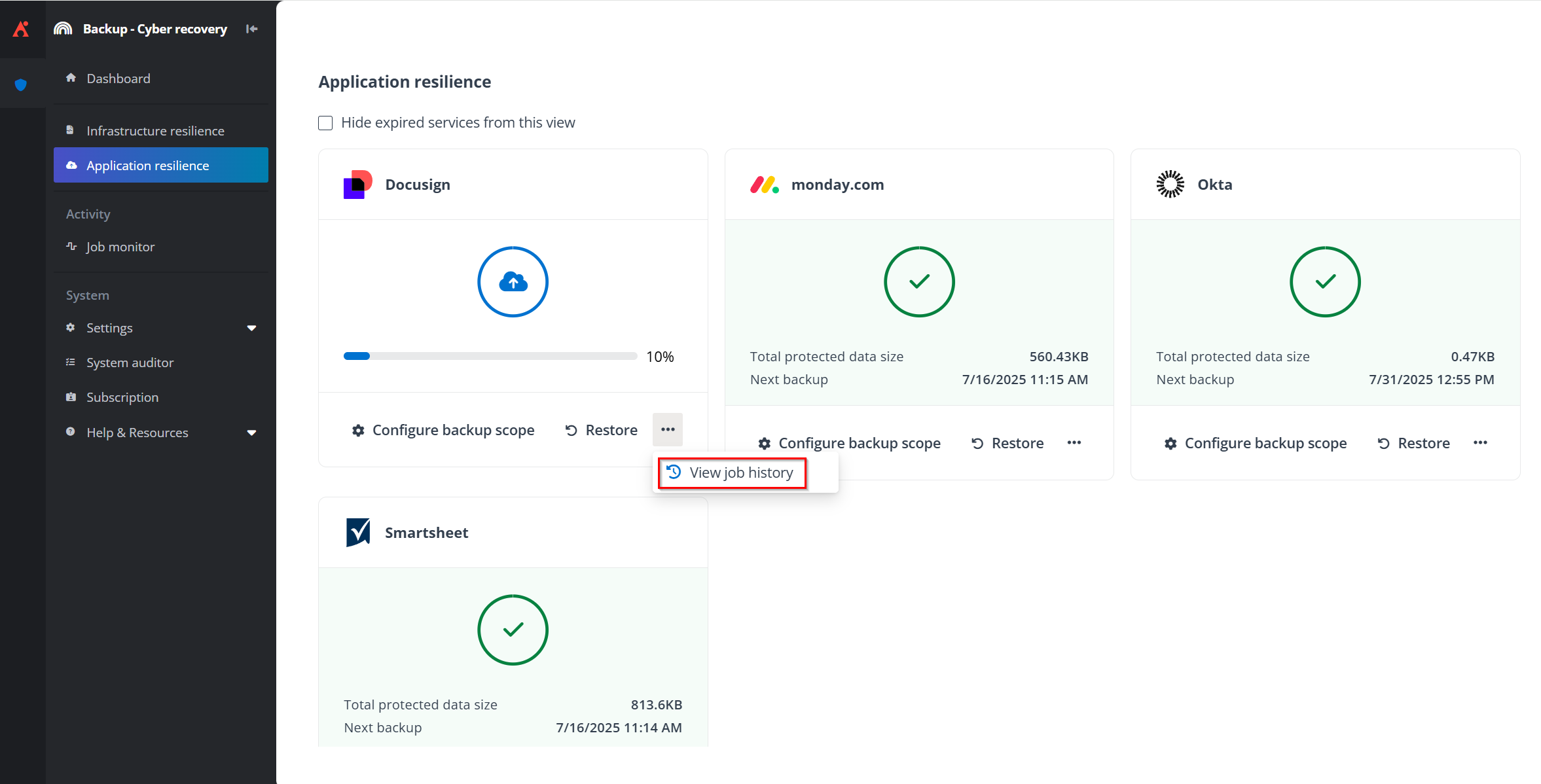The View job history option.