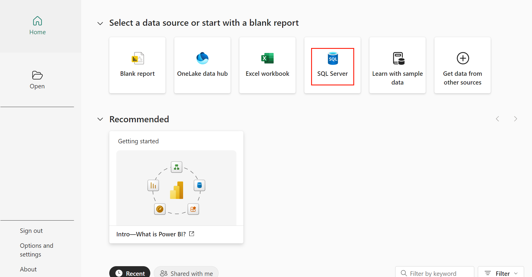 The SQL Server in the Home page.