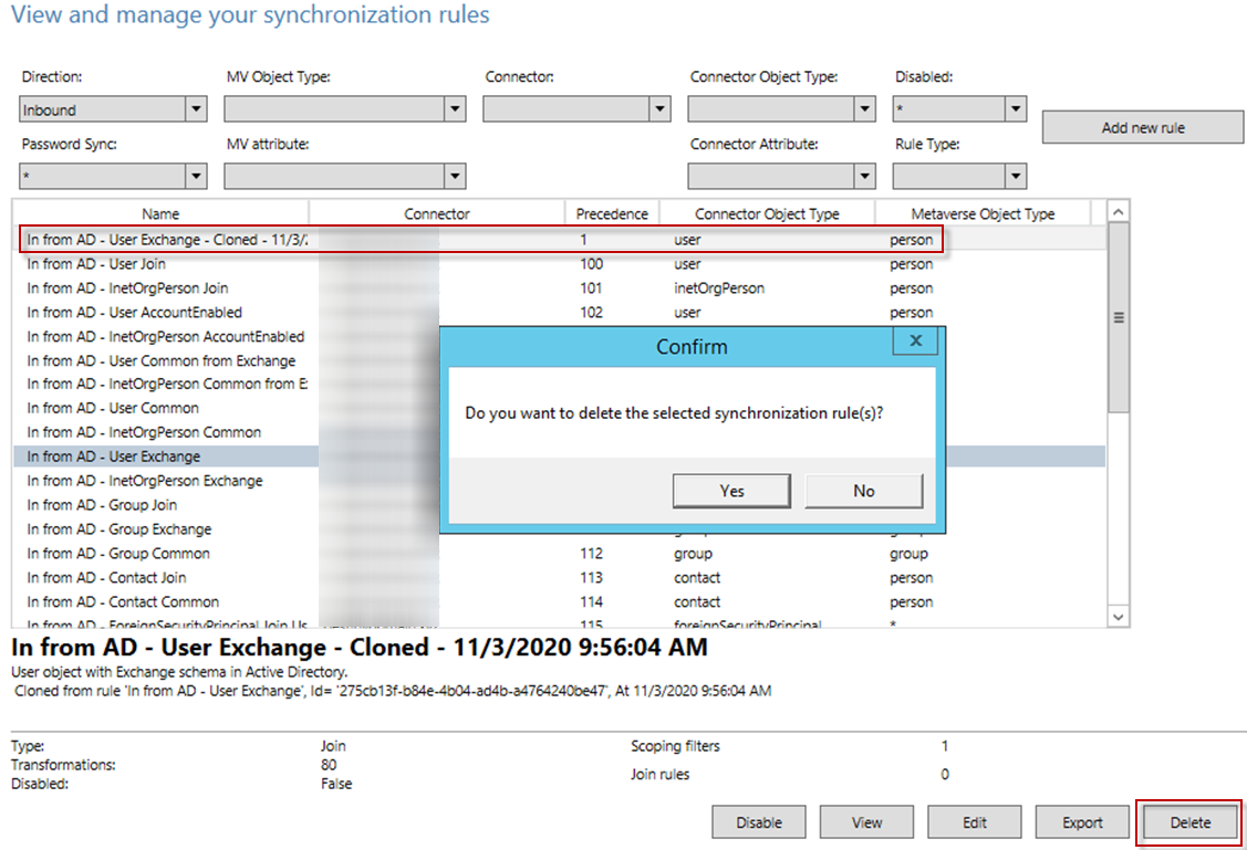 The In from AD – User Exchange - Cloned rule