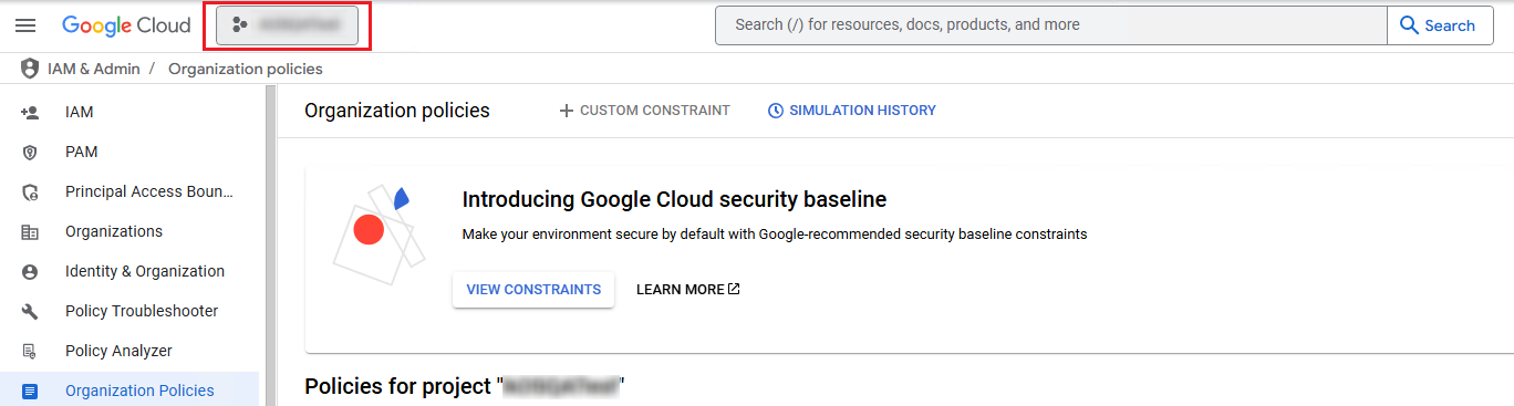 Selecting the project where you create the service account.