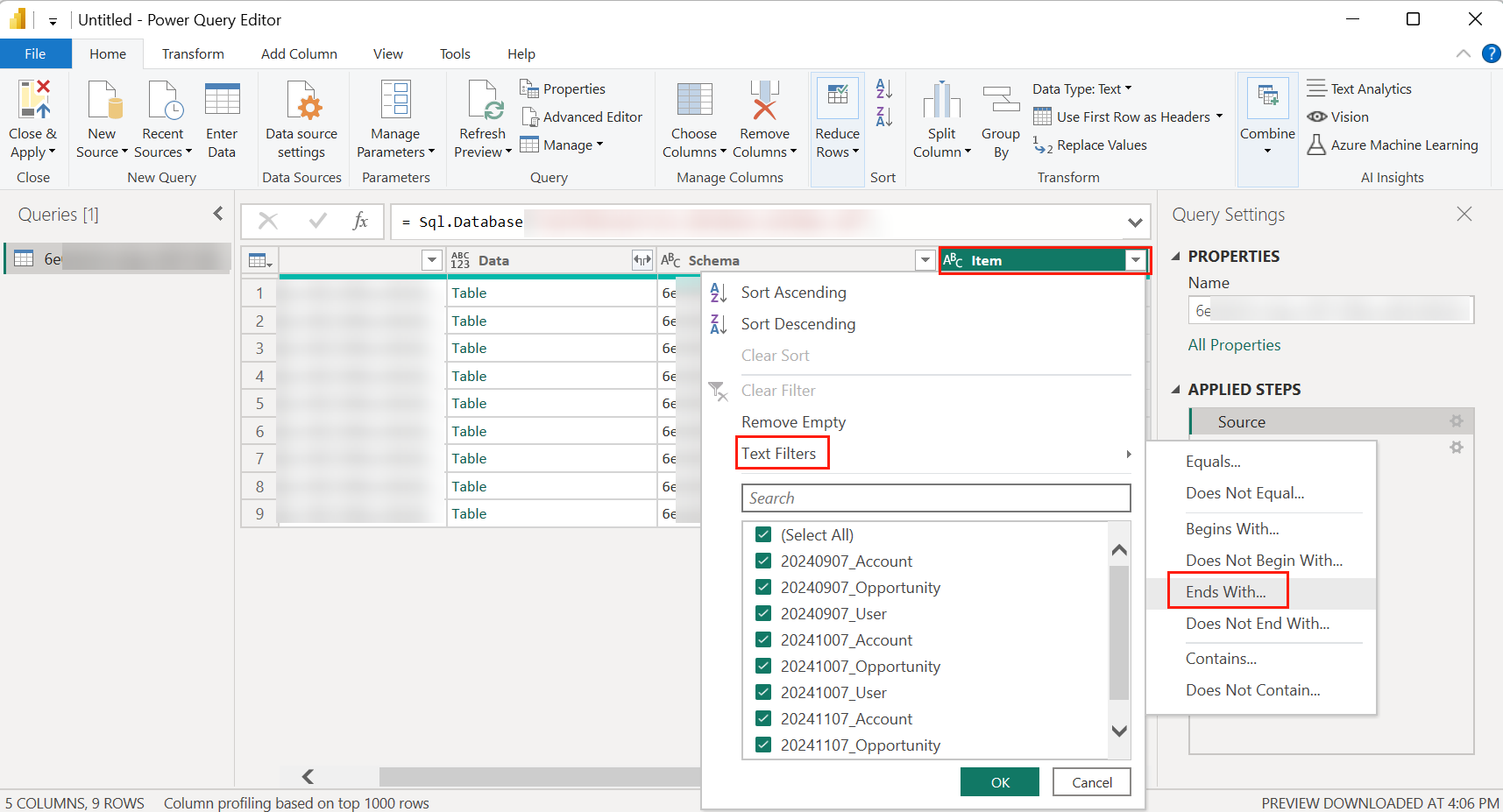 Text filters > Ends with.