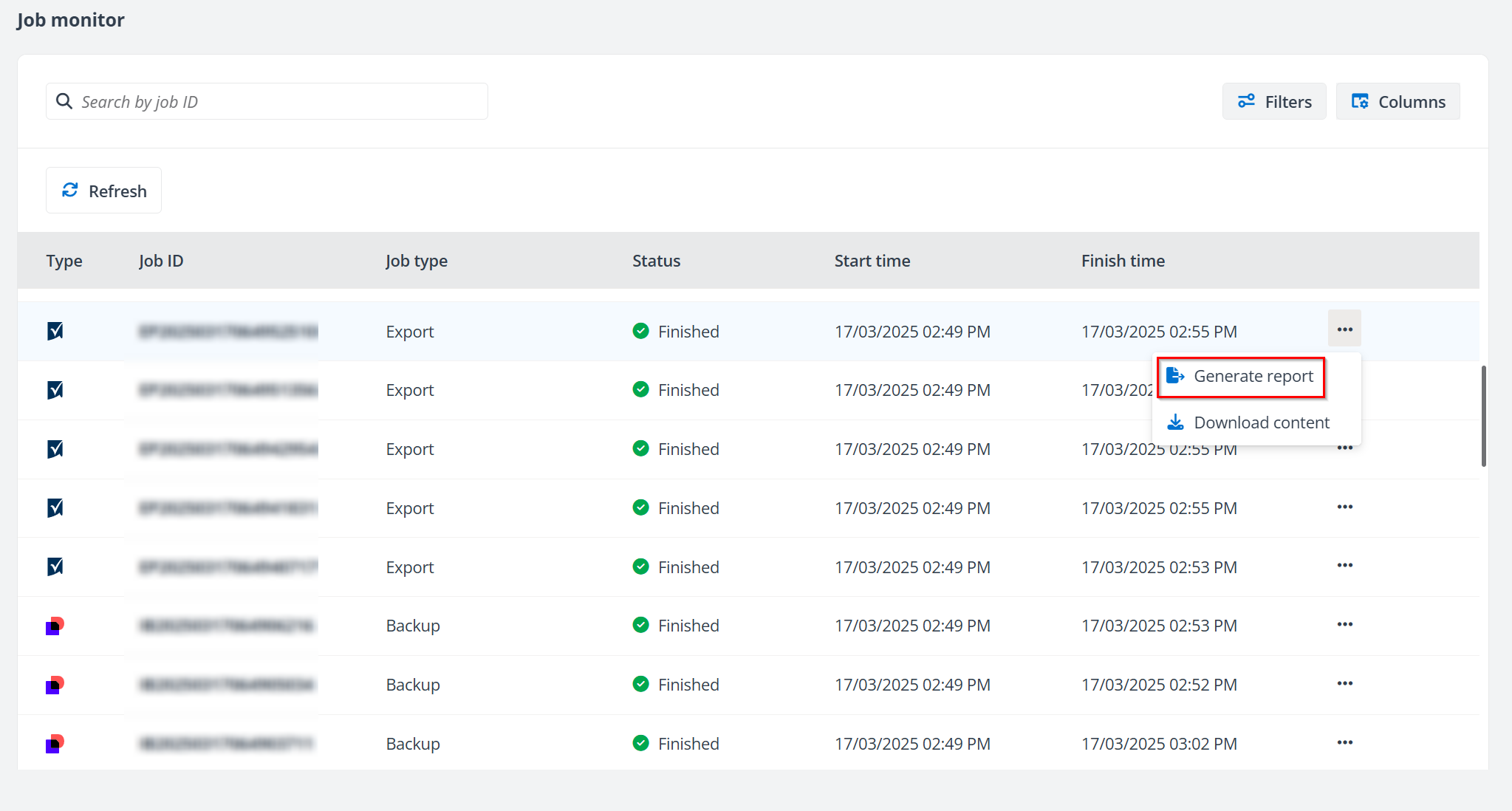 The Generate report action.
