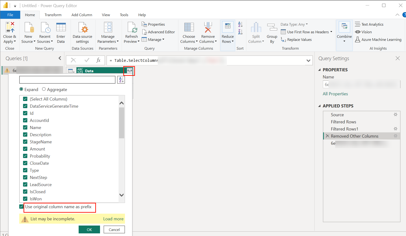 The Expand icon and the Use original column name as prefix option.
