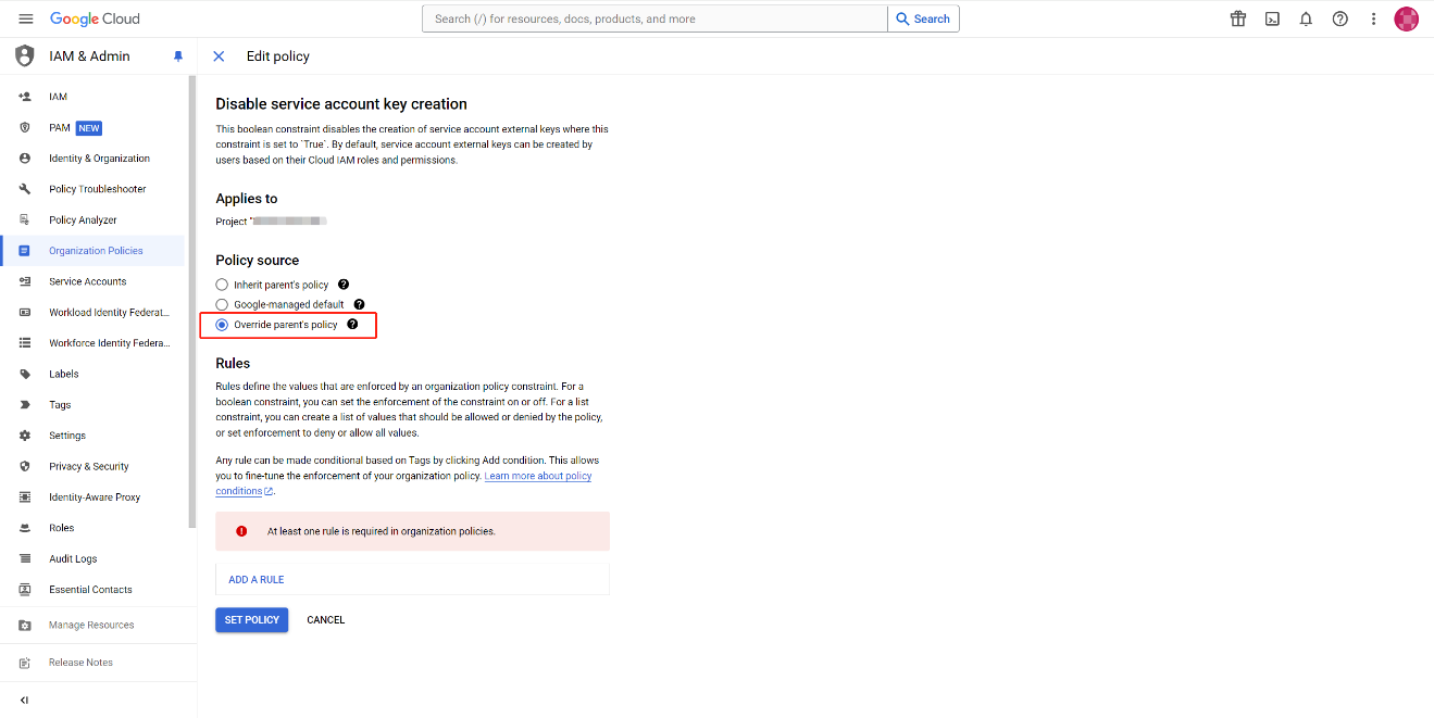 Selecting Override parent's policy.