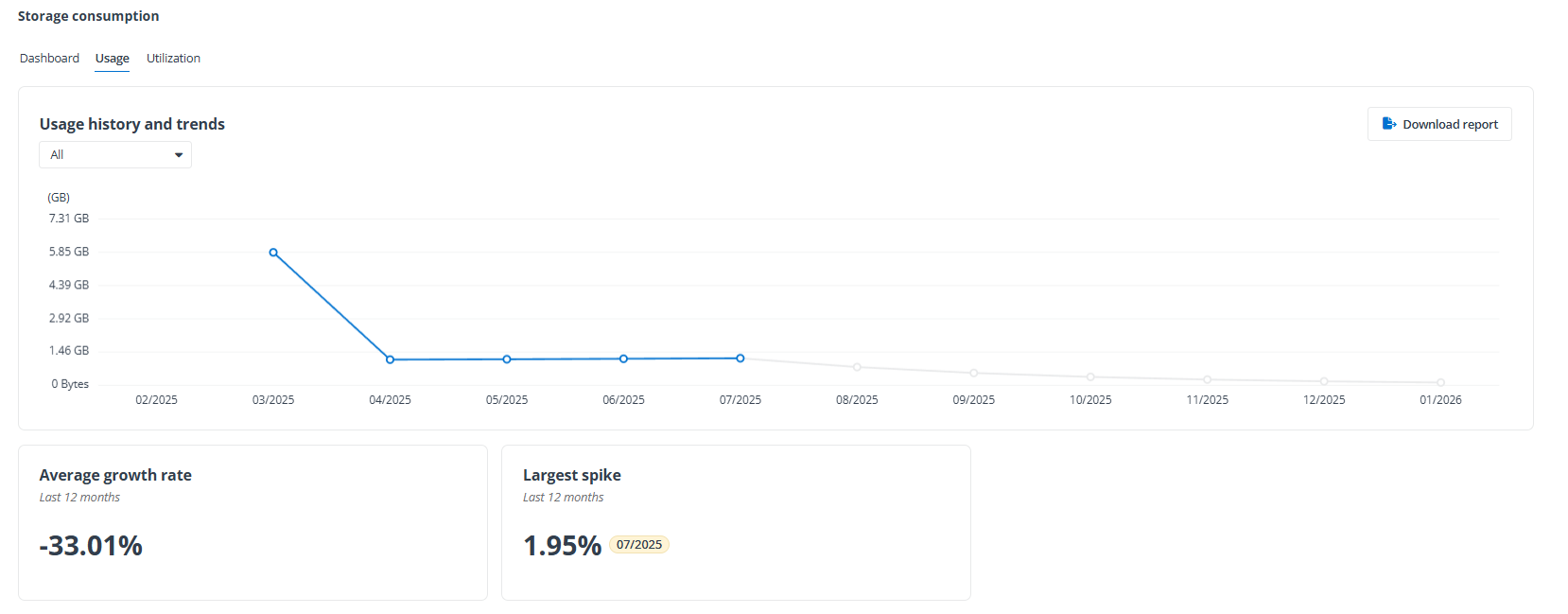 View reports under the Usage tab on the Storage consumption page.