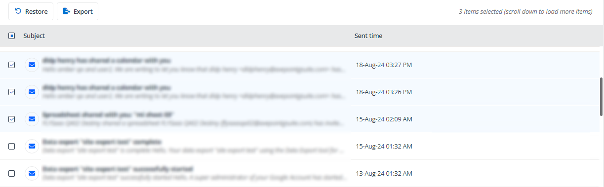 Clicking the Restore or the Export button.