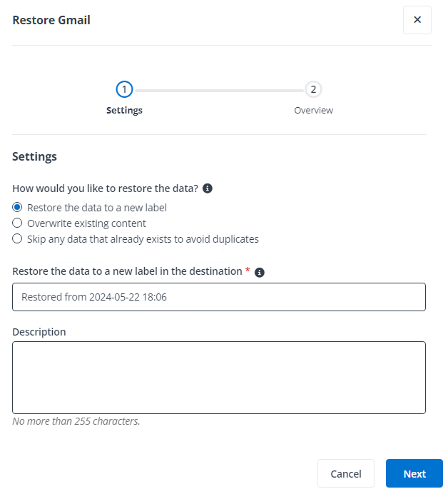 The Restore Gmail pane.