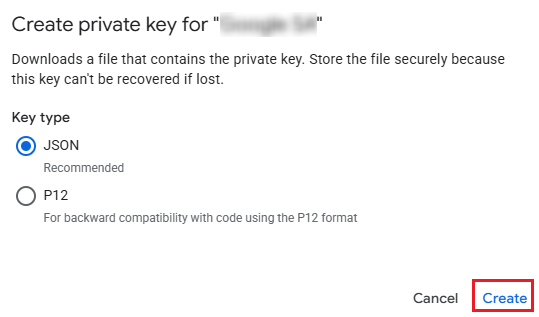 Selecting JSON and clicking Create.