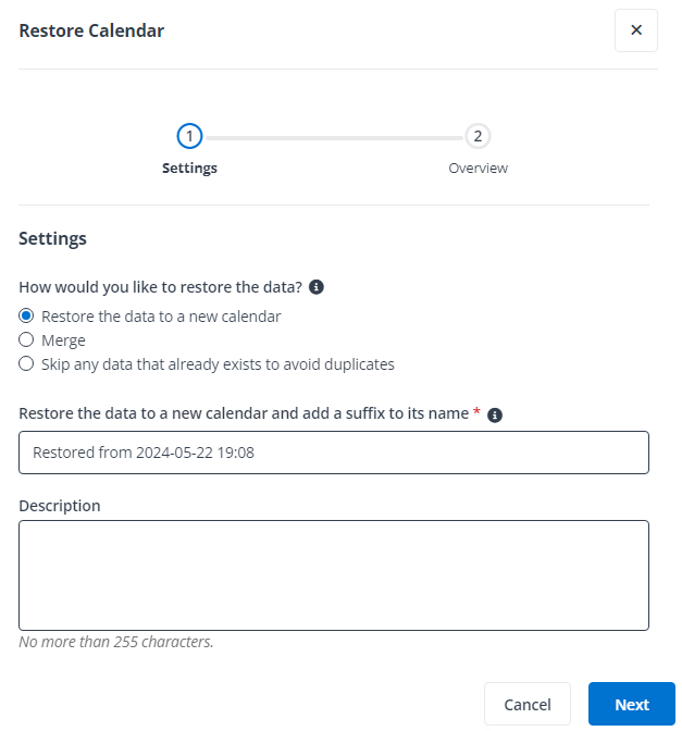 The Restore Calendar pane.