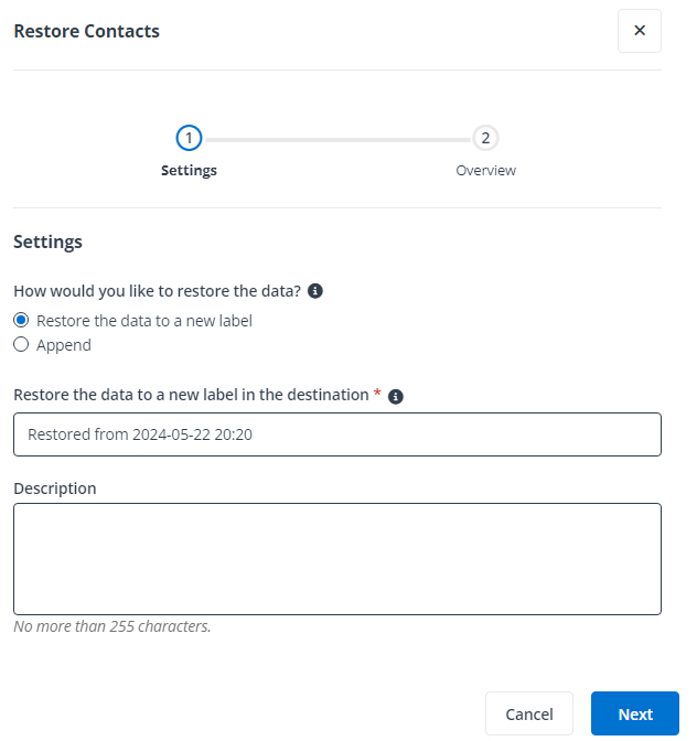 The Restore Contacts pane.