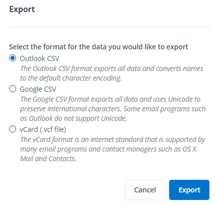 The Export pop-up window.