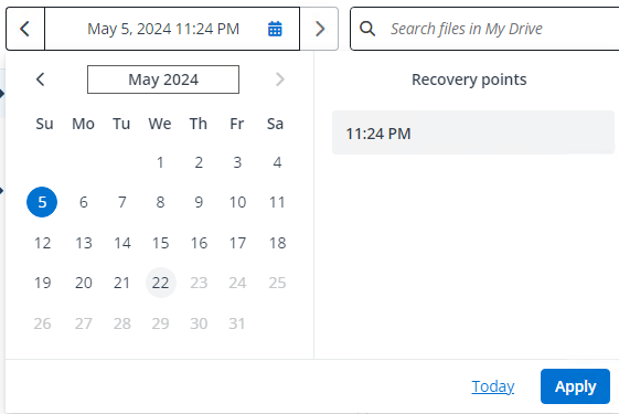 The recovery points calendar.
