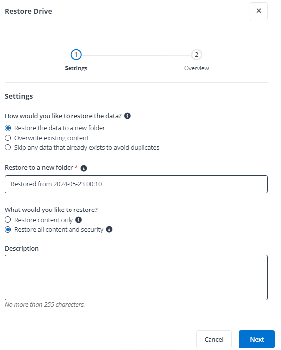 The Restore Drive pane.